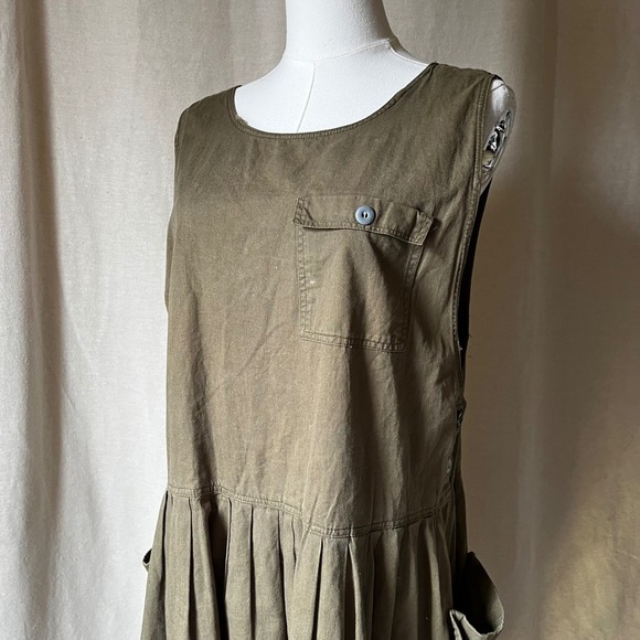 Vintage Express Olive Cotton Utility Midi Dress Oversized Pockets Womens M - Picture 2 of 8